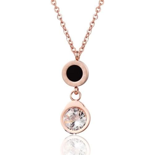 New Black Enamel Roman Numeral Circle Hang Shiny Crystal Pendant Necklace 316 Stainless Steel Rose Gold Woman Jewelry Necklace