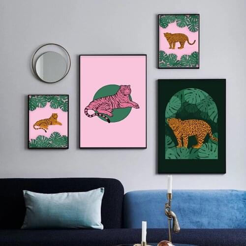 Nordic Abstract Animal Poster Red Pink Green Tiger Doesnt Lose Sleep Canvas Painting Wall Art Prints Picture Bed Room Home Decor