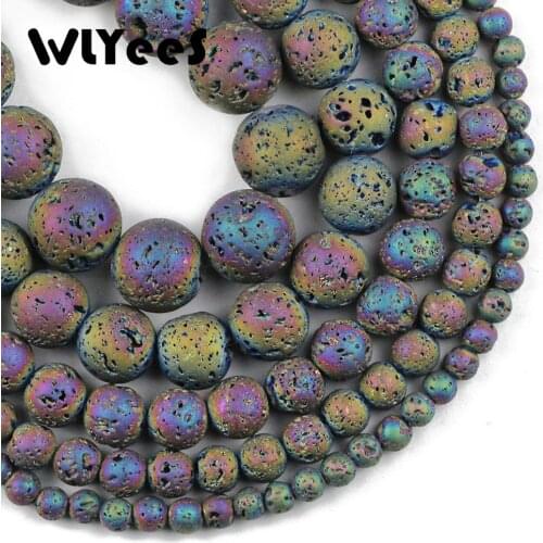 WLYeeS Plating Colourful Natural Lava beads Multicolour 4 6 8 10 12mm Round Loose beads For Jewelry Bracelet Necklace Making DIY