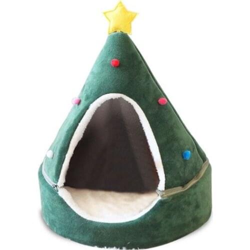 Christmas New Year Pet House Xmas Tree Shape Dog Cat Bed Soft Warm Nest Closed Removable Sleeping Bag