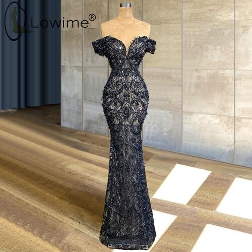 Off Shoulder Navy Blue Mermaid Evening Dresses 2021 Floor Length Lace Prom Party Gowns Robes De Soriee