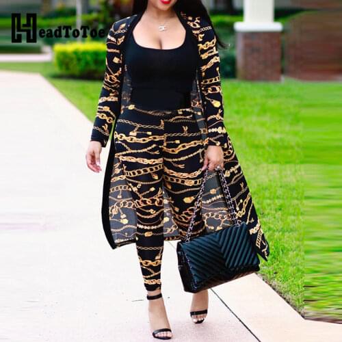 Print Longline Cardigan Coat & Pant Sets Women 2 Piece Set