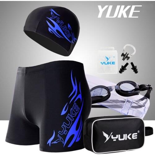 YUKE L-5XL Men Print Cap Swimwear Comfort Adult Quick Dry Swimsuit Swimming Goggles Cap Set Trunks Hat Eyewear Spa Bathing Suit