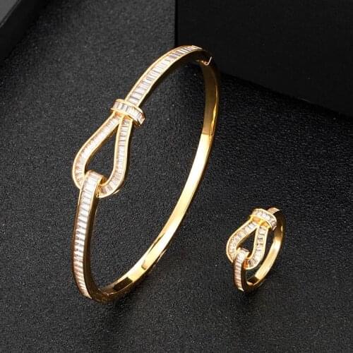 Zlxgirl jewelry Luxury Brand AAA T-shaped zircon horseshoe bracelet and ring set for women wedding bridal jewelry bracelet aneis