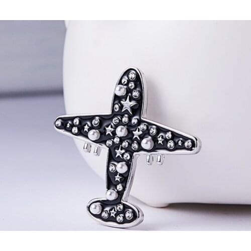 Silver Plated Stars Inlaid Shiny Crystal Rhinestones Venetian Pearls Black Enamel Aircraft Women Brooch Lapel Pins Jewelry Gifts