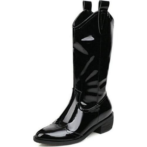 Patent PU Leather Women Western Boots Fashion Pointed Toe Slip on Ladies Calf Boots 2020 New Autumn Winter Female Shoes Black