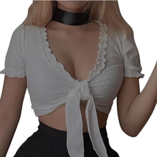 Womens Short Sleeve Crop Tops Sexy Deep V Neck Tie Knot Front Solid Color T-Shirts