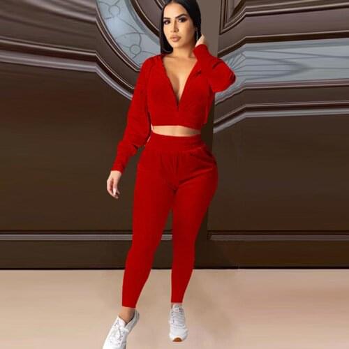 Autumn Winter Velvet Two Piece Set Womens Clothes 2021 Hooded Full Sleeve Jackets and Elastic Waist Long Trousers Co Ord Suit