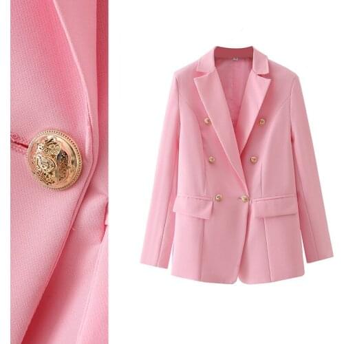 New design womens autumn fashion turn down collar double breasted sweet pink color medium long blazer suit coat casacos SML