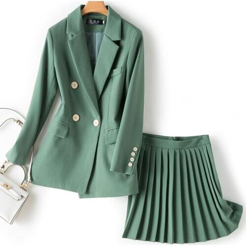 Womens Sets Chic Single Button Solid Blazer High Waist Pleated Skirt Two Piece Set Fashion Women Sets