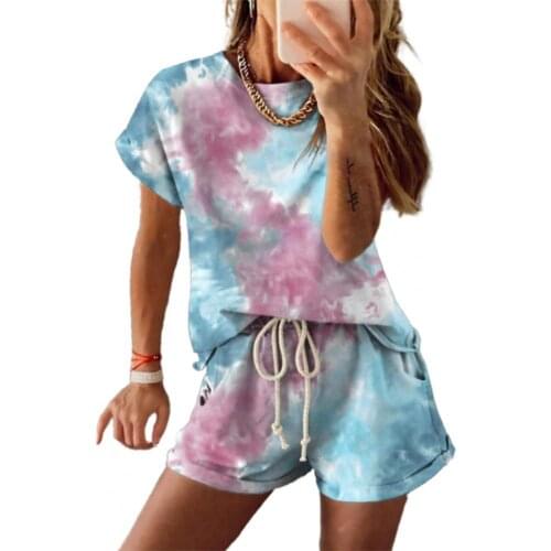 Women Top Shorts Suit 2021 Tie Dye Print Elastic Waist Shorts Two Piece Set Casual Short Sleeve Tracksuits Outfits for Daily