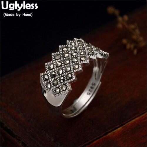 Uglyless 100% Real 925 Sterling Silver Handmade Geometric Open Rings for Women Thai Silver Fine Jewelry Square Female Ring Bijou
