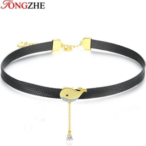 TONGZHE 925 Sterling Silver & Black Braid Choker Necklace For Women Girl Gift Chocker Colar Fish whale Animal Jewelry Black Rope