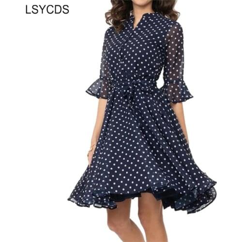 LSYCDS Retro Polka Dot Women Dresses Spring Summer New 2021 Sweet Half Flared Sleeve Casual Chiffon Dress
