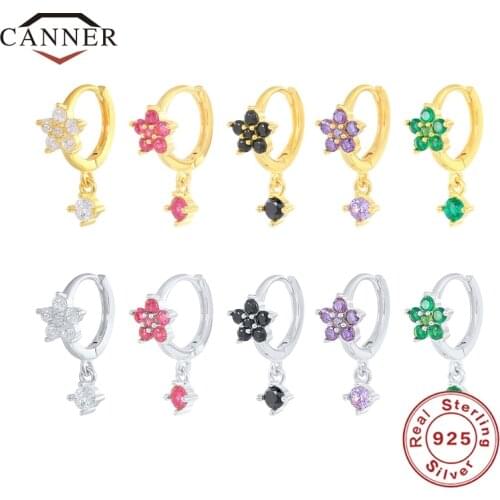 CANNER Colorful Zircon Petal Real 925 Sterling Silver Round Hoop Earrings for Women Piercing Huggie Earring Jewelry Pendientes