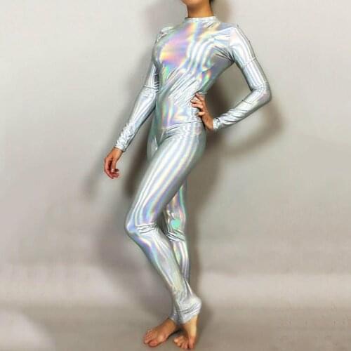 12 Colors O-Neck Long Sleeve Wetlook Bodysuit Novelty Laser Color Catsuit Back Zipper Jumpsuit Club Party Pole Dancing Costume