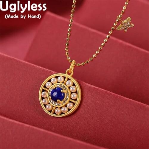 Uglyless Like a Sun Natural Lapis Pearls Pendants for Women Crystals Star Necklaces +Chain 925 Silver Hollow Medal Jewelry Gold