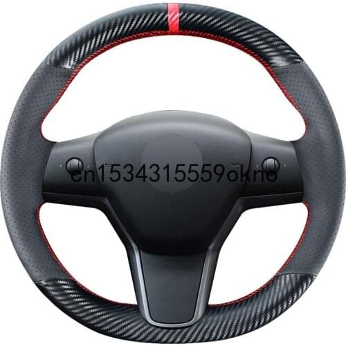 DIY Stitching Carbon Fiber Steering Wheel Cover For Tesla Model 3 Sedan 2017-21 Model Y SUV 2020-21 Leather Interior Accessories