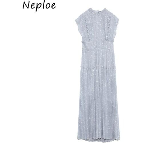 Neploe Elegant Fresh High Waist Women Dress 2021 Spring New Pleated Drawstring Slim Waist Dresses Sexy Hollow Out Vestidos