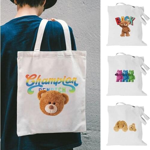 Funny Bear Pattern Large Capacity Shopping Bag Foldable Women Bags Canvas Shoulder Bags Convenient Lightweight Travel Case