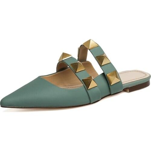 Kmeioo women genuine leathe pointed Toe Solid Gingham flat Slippers Summer Fashion Slip On causal rivet sandals plus size