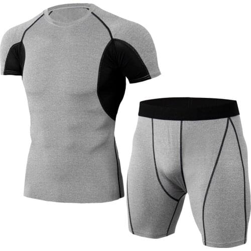 Bodybuilding Mens Cool Dry Compression Tracksuits MMA Fitness Sports Gym Training Running Short Sleeve T-shirt Tight Pants Sets