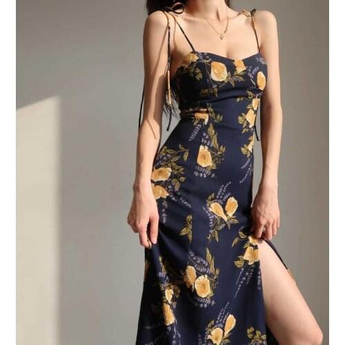 Summer Women Spaghetti Strap Party Dress Sexy Split Solid Slim Lady Ankle Fashion Length Vintage Wear Dresses New