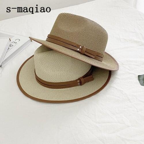 S-maqiao Summer Hat for Women Men Panama Straw Hat Spring Beach Hats Fedora UV Sun Protection Capchapeau Femme