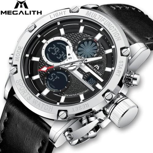 MEGALITH Men Quartz Watch Multifunction Sports Waterproof Wristwatch Men LED Dual Dispay Black Leather Clock Man Horloges Mannen