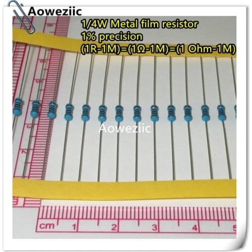 100pcs 1/4W 1% Metal film resistor 1R-1M 100R 220R 330R 1K 1.5K 2.2K 3.3K 4.7K 10K 22K 47K 100K 6.8K 9.1K 1K5 2K2 3K3 4K7 ohm
