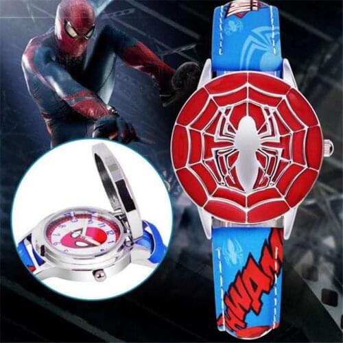 The Avengers Spiderman Cartoons Anime Flip Metal quartz watch student boy child Leather watch Super hero Boy clock Watch gift