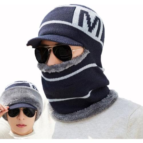 Men Winter Hat And Scarf Set For Women Male Hooded Cap Scarves With Brim Knit Visor Beanies Balaclava Adult Warm Stripe Bonnet