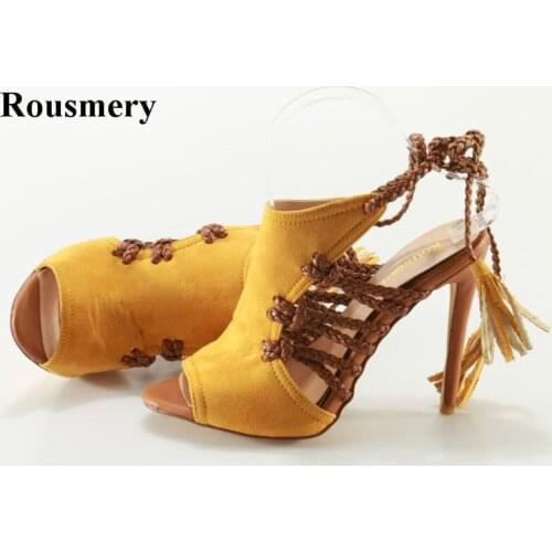 New Fashion Women Open Toe Yellow Suede Leather High Heel Gladiator Sandals Cut-out Rope Lace-up High Heel Sandals Dress Shoes