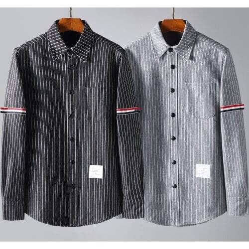 2021Autumn Winter TB Men Shirt Striped Turn Down Collar Thicken Velvet Warm Women Blouse Casual High Quality Korean Design