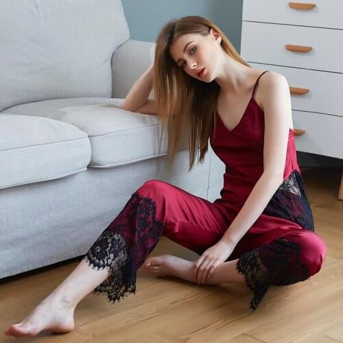 Pyjamas Women Sexy Silk Pajamas Set Satin Nightwear Elegant Fashion Cute Lace Soft Camisole+Pants Night Suit Ladies Sleepwear
