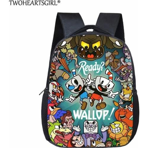 Twoheartsgirl School Bags 12 Inch Cartoon Cuphead / Mughead 3D Printed Children Bookbag Toddler Bag Boys Girls Mochilas for Kids