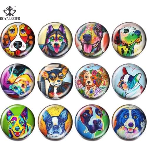 12pcs/lot Mix Cute Dog Cartoon Pattern Glass Beads Charm 18mm Snap Button DIY Charm Bead For Bracelets Jewelry Making KG0027