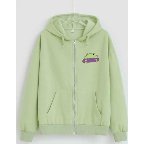 Zip Up Hoodie Streetwear Cute Cartoon Frog Long Sleeve Sweatshirt Pullover Women Oversize Kawaii Aesthetic Clothes Korean Top
