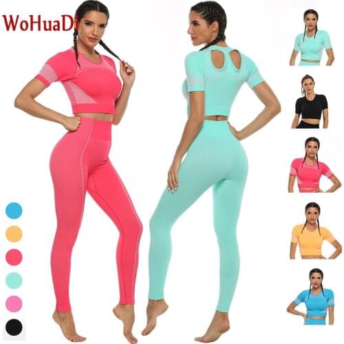 WOHUADI Seamless Back Digging T-Shirt Gym Sports Set Yoga Women Clothing Sexy Sportswear Workout Fitness High Waist Leggings