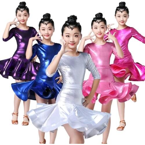Girls Half Sleeve Latin Dance Skirt Flash Fabric Competition Performance Clothing for Children Modern Dance Costumes Stage Wear