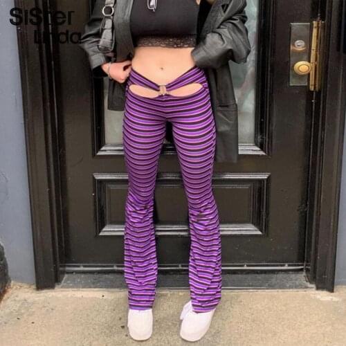 Sisterlinda Summer Hollow Low Waist Y2K Flare Pants Women Harajuku Streetwear Skinny Chic Trend Stripes Long Trousers Outfit2021