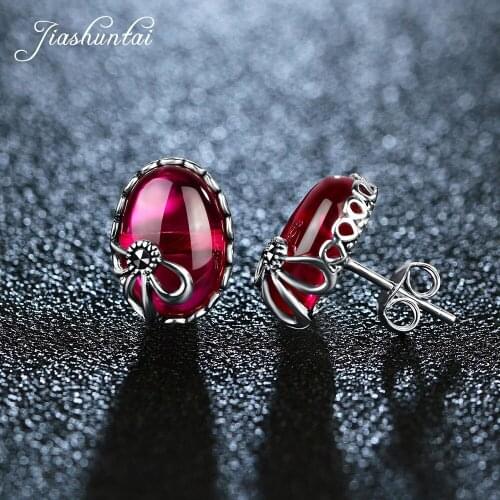 ZHJIASHUN Vintage 100% 925 Sterling Silver Stud Earring For Women Retro Natural Precious Stone Earrings Jewelry Gift