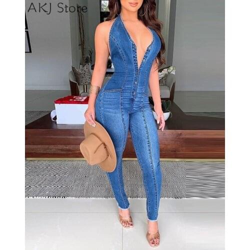 Women Skinny Denim Jumpsuit V-Neck Sleeveless Halter Backless Button Jeans Romper Overalls