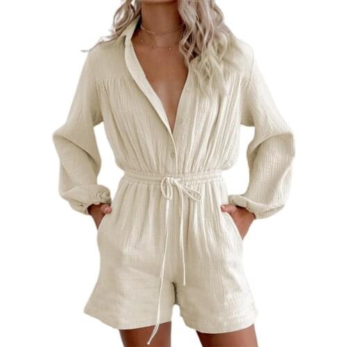 Popular Women Jumpsuit Long Sleeve Solid Color Drawstring One-Piece Single-breasted Lapel Pockets Romper for Daily Wear