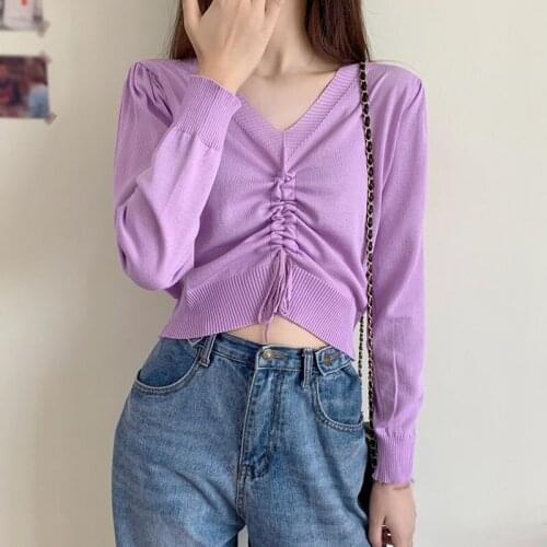 Women Sweaters Autumn Long Sleeve V-neck Drawstring Pleated Sweater Solid Color Thin Knit Pullover Top One Size