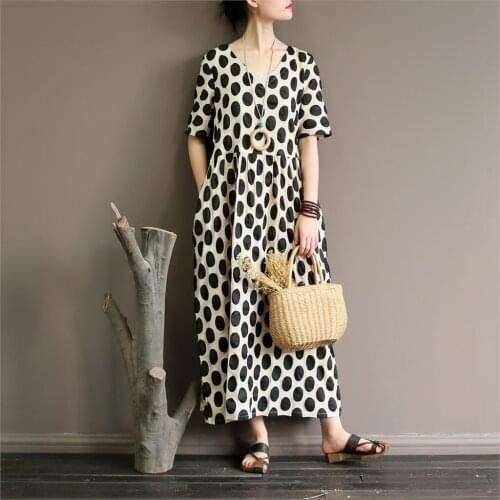 Women Dot Loose Half Sleeve V neck Dress Ladies Waisted Cute VIntage Dress Female Cotton Dress Summer