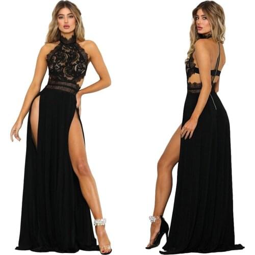Women Sexy Long Party Dress Perspective Lace Sleeveless Backless High Split Evening Night Clubwear Summer Fashion Clothings