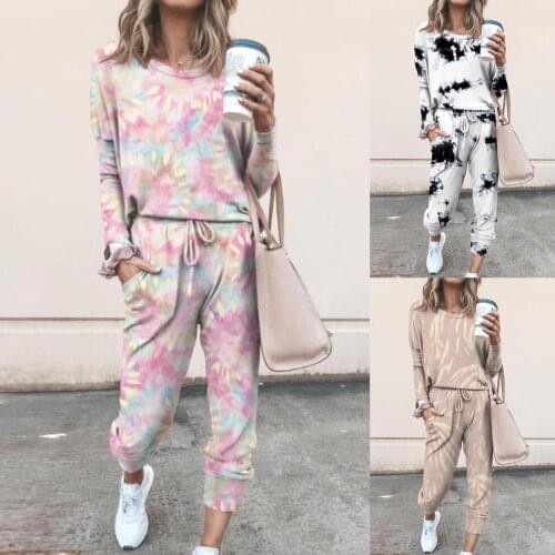 2Pcs Women Tie Dye Jogger Suit Long Sleeve Round Neck Pants Sleepwear Autumn Winter Loungewear Plus Size 3XL Hot Sale