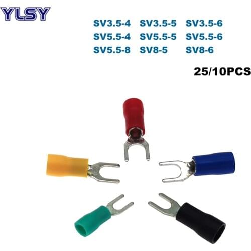 25/10Pcs Spade Insulated Crimp Terminals Electric Lug Wire Cable Connector SV3.5 SV5.5 SV8 Furcate Ferrules 2.5-10mm2 14-8AWG