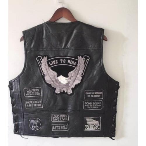 BONJEAN Mens Eagle Patch Black Genuine leather Motorcycle Vest + Lacing US Flag MC Sheepskin Sleeveless Biker Jackets Gray Patch
